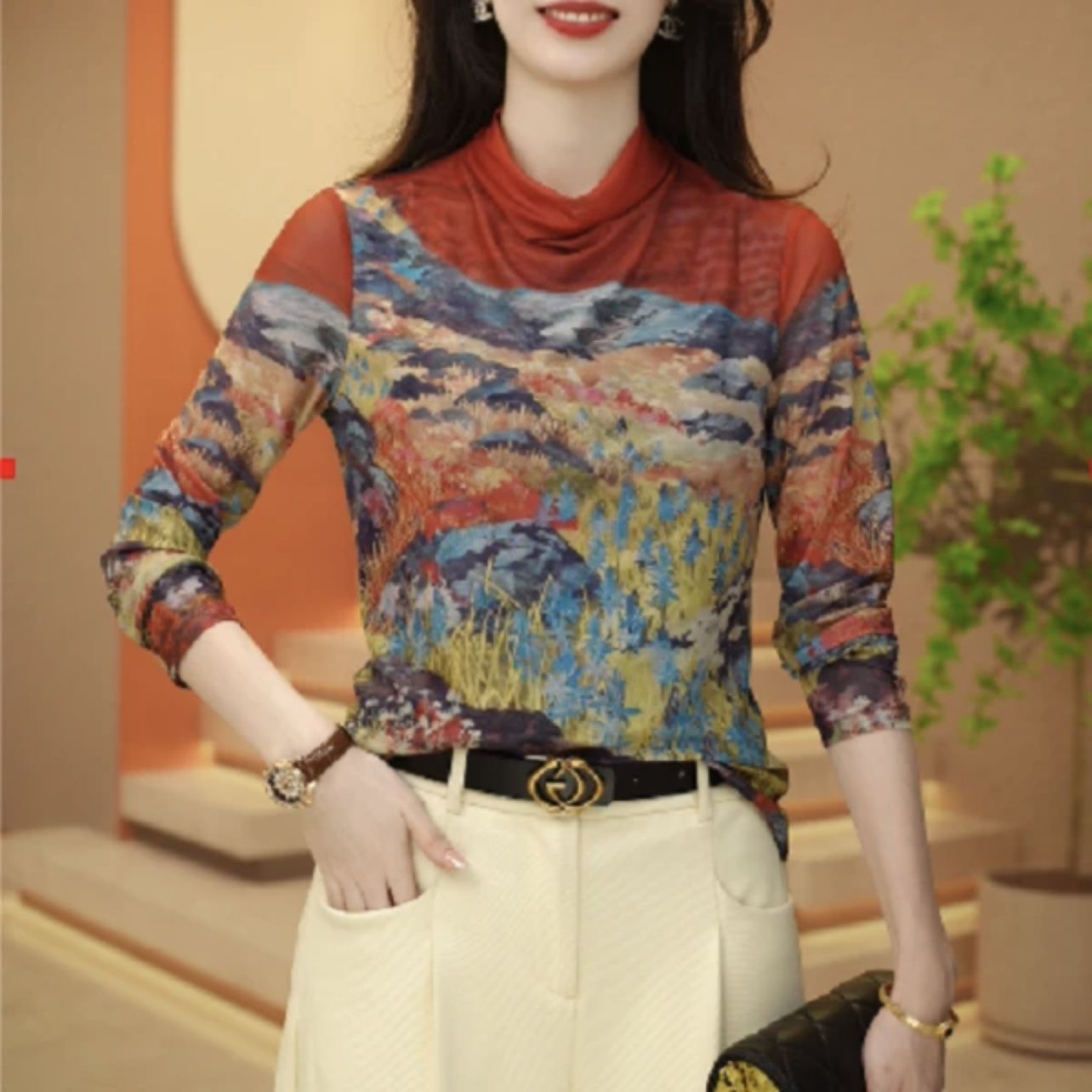 半高領肌膚網紗打底衫女印花長袖秋冬季新款內搭洋氣質上衣高級感