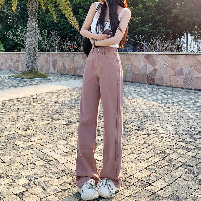 牛仔褲女2023年直筒簡約粉色高腰春裝新款寬鬆顯瘦顯高闊腿拖地褲