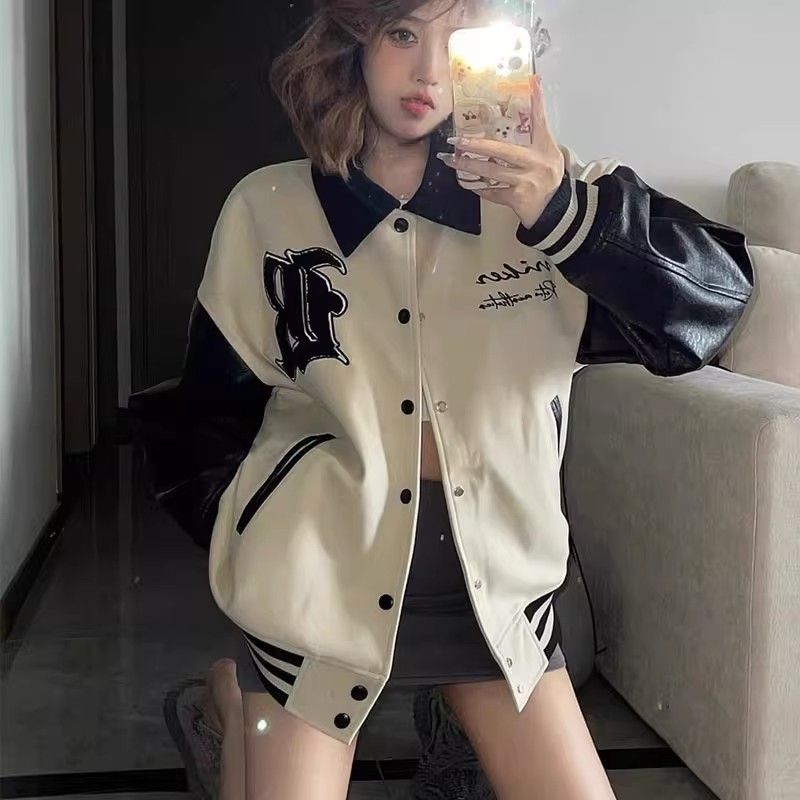 2023 New Autumn Jacket Girls Spring and Autumn Clothes Junior High School and High School Students Loose Japanese Retro Color Block Jackets Trendy
