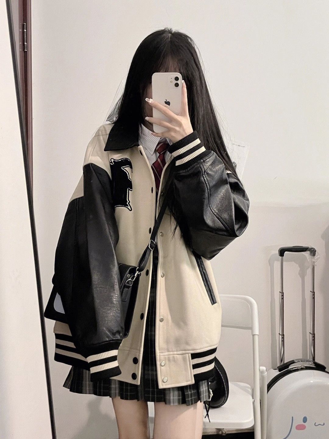 American retro splicing baseball uniform for women spring and autumn 2023 new design niche Japanese loose jacket