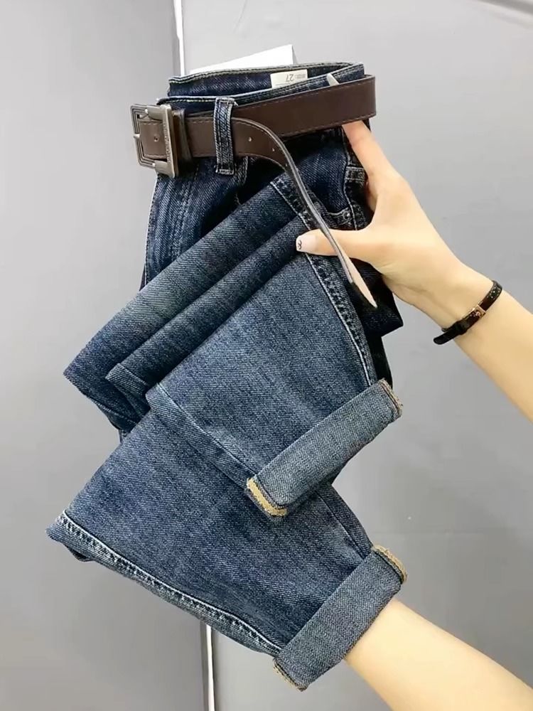 大碼九分直筒牛仔褲女2023年秋季新款高腰寬鬆顯瘦遮肉哈倫老爹褲