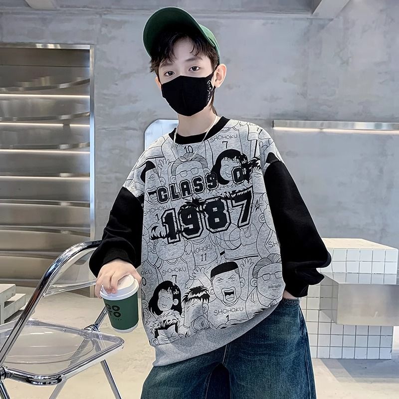 男童卡通衛衣2023新款中大童裝寬鬆炸街秋裝圓領秋季男孩潮牌上衣
