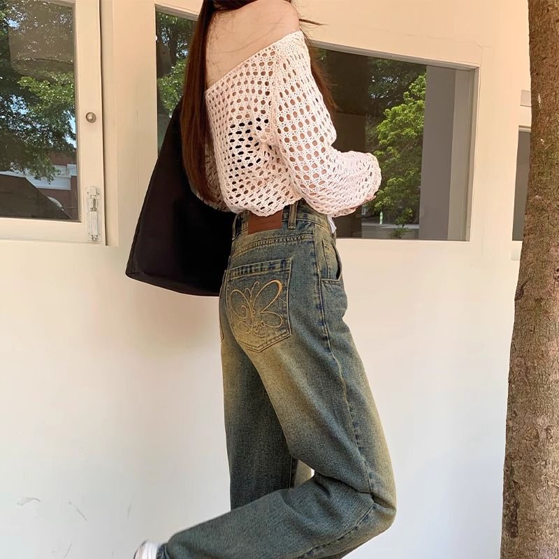 口袋刺繡闊腿牛仔褲女2023年早秋季新款高腰寬鬆顯瘦垂感直筒長褲