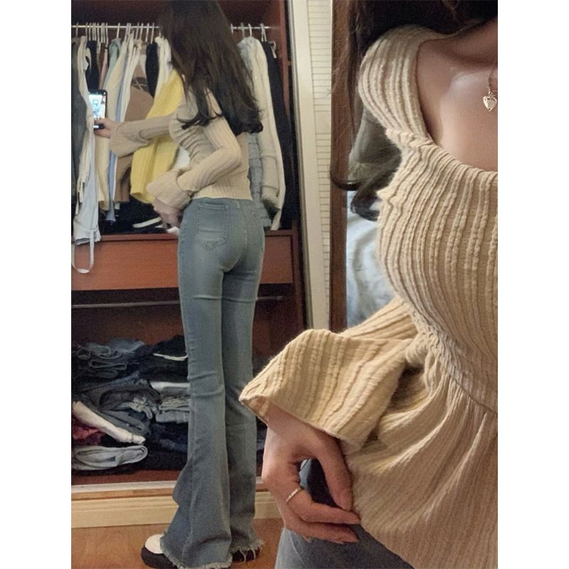 冬季方領內搭甜美T恤女杏色溫柔簡約喇叭袖蓬鬆下擺高級感上衣潮