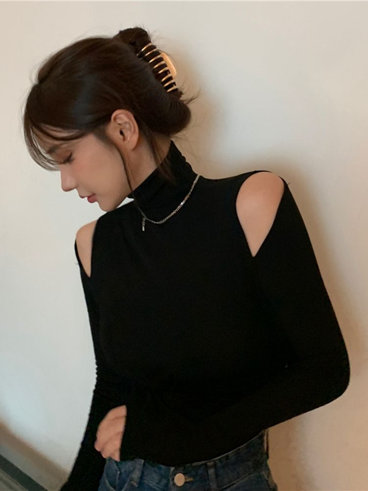 黑色高領打底衫女秋冬內搭長袖t恤緊身小心機設計感露肩別致上衣