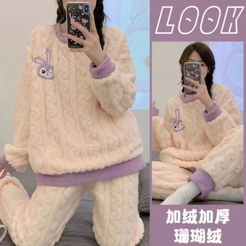 星黛露睡衣女秋冬季加厚珊瑚絨毛茸茸學生可愛卡通法蘭絨家居服