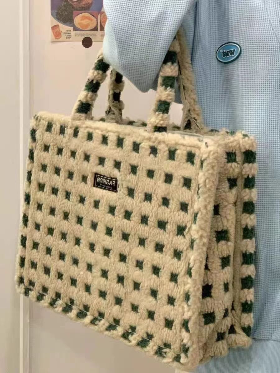 Hierscht a Wanter Karoéiert Tote Villsäiteg Plüsch Portabel Fräizäit Léierpersonal Handtasche Droen Sortie Pendlertasch_voghion.com
