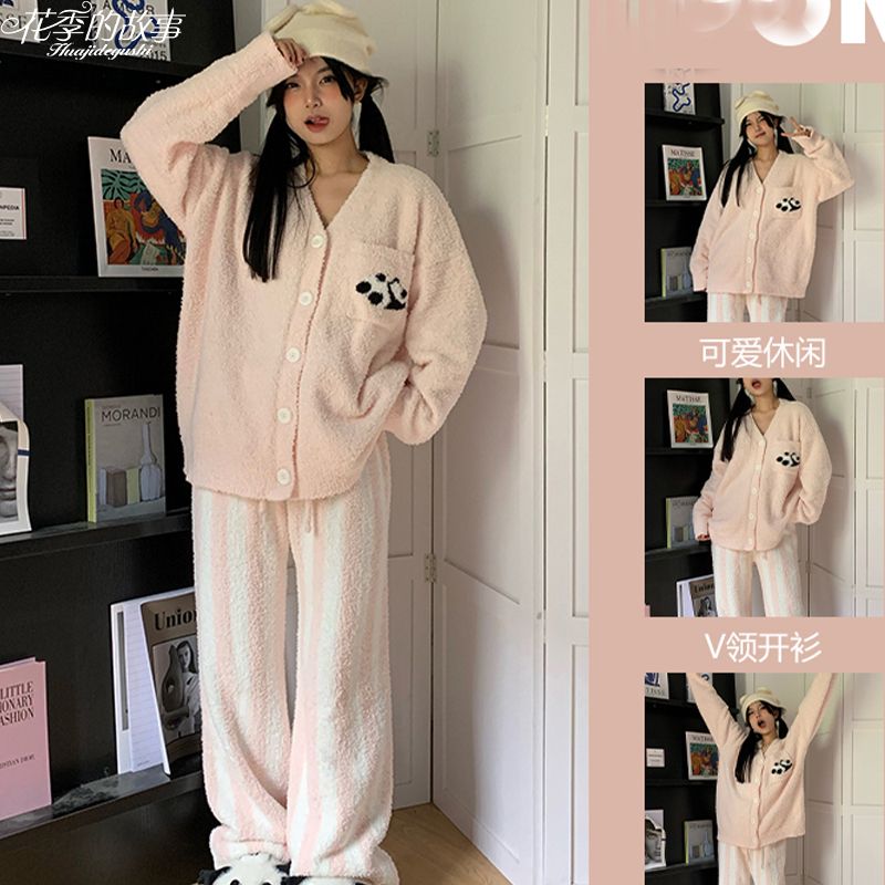 花季的故事半邊絨睡衣女秋冬季長袖套裝保暖甜美可愛風熊貓家居服