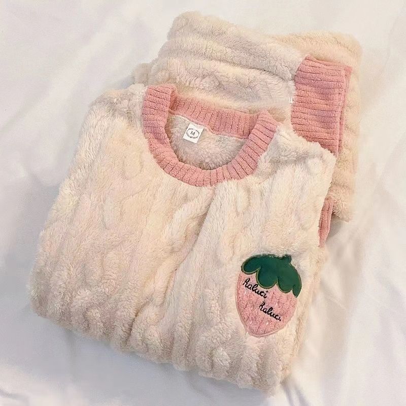 珊瑚絨睡衣女秋冬季新款圓領ins風加厚法蘭絨保暖家居服套裝冬天