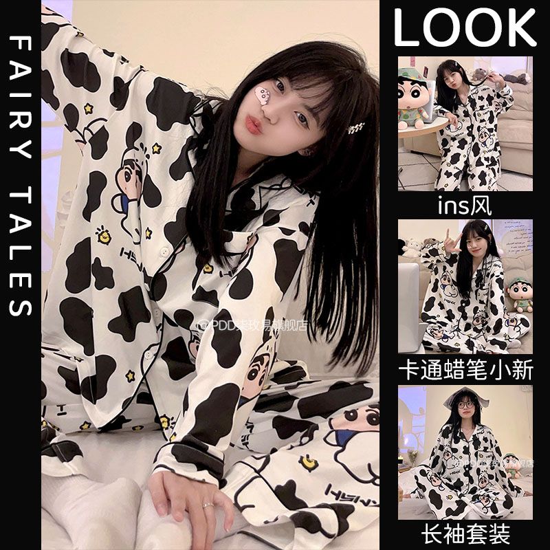 卡通睡衣女秋季2023新款日系可愛蠟筆小新薄款韓版長袖家居服套裝