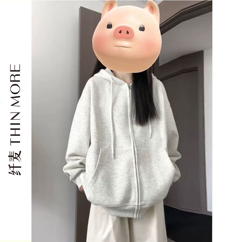 纖麥重磅380G純棉美式連帽純色拉鏈衛衣外套女2023秋冬款開衫外套