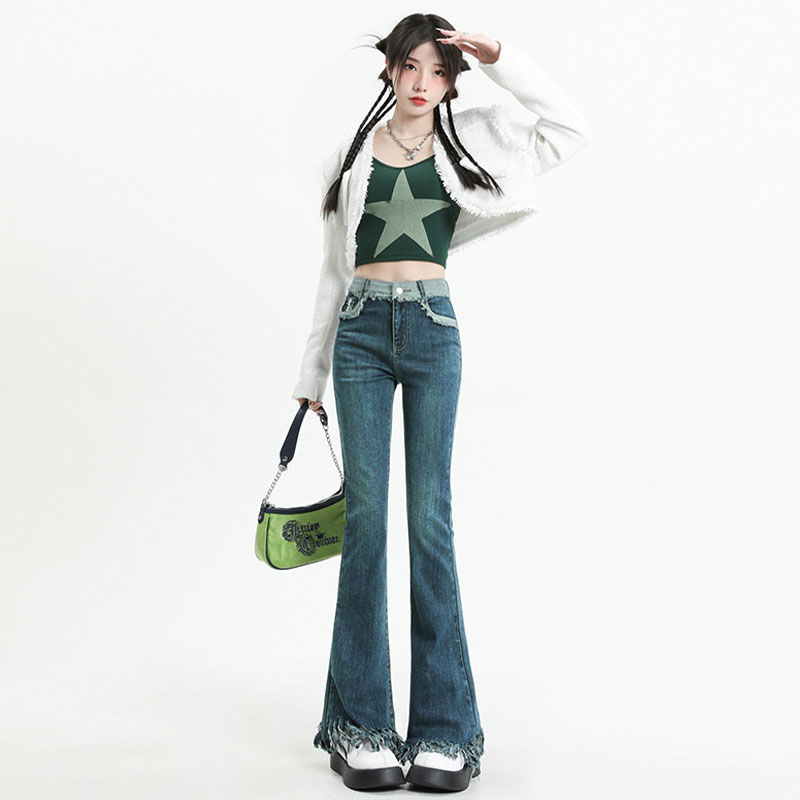 復古藍毛邊流蘇牛仔褲女修身彈力2023新款小個子高腰顯瘦微喇叭褲