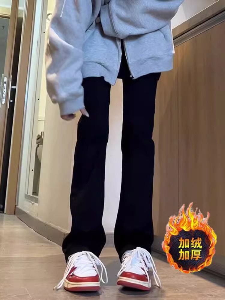 黑色窄版加絨加厚直筒牛仔褲女秋季新款高腰修身顯瘦百搭煙管褲子
