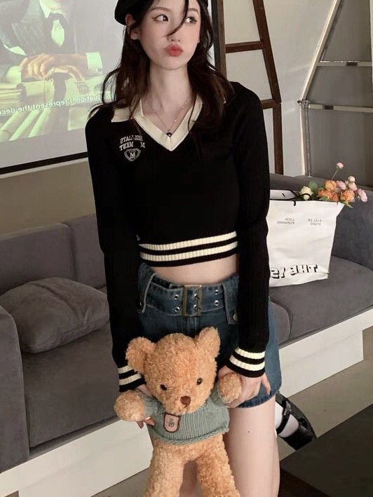 美式復古學院風短款套頭內搭薄款上衣黑色修身打底針織衫女早秋季
