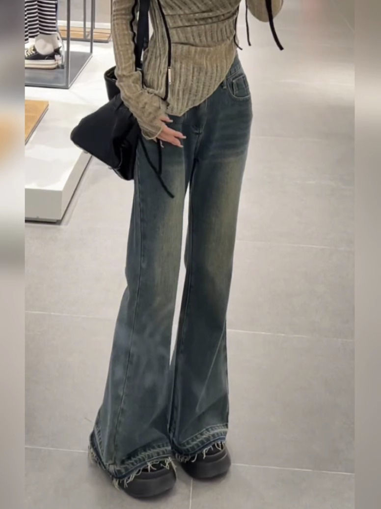 美式復古毛邊微喇叭牛仔褲女秋季新款辣妹高腰寬鬆顯瘦闊腿拖地褲