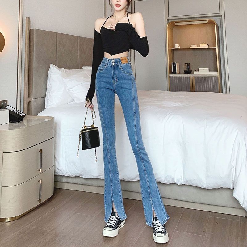 開叉微喇牛仔褲女秋裝彈力高腰2023新款修身顯瘦復古小個子喇叭褲