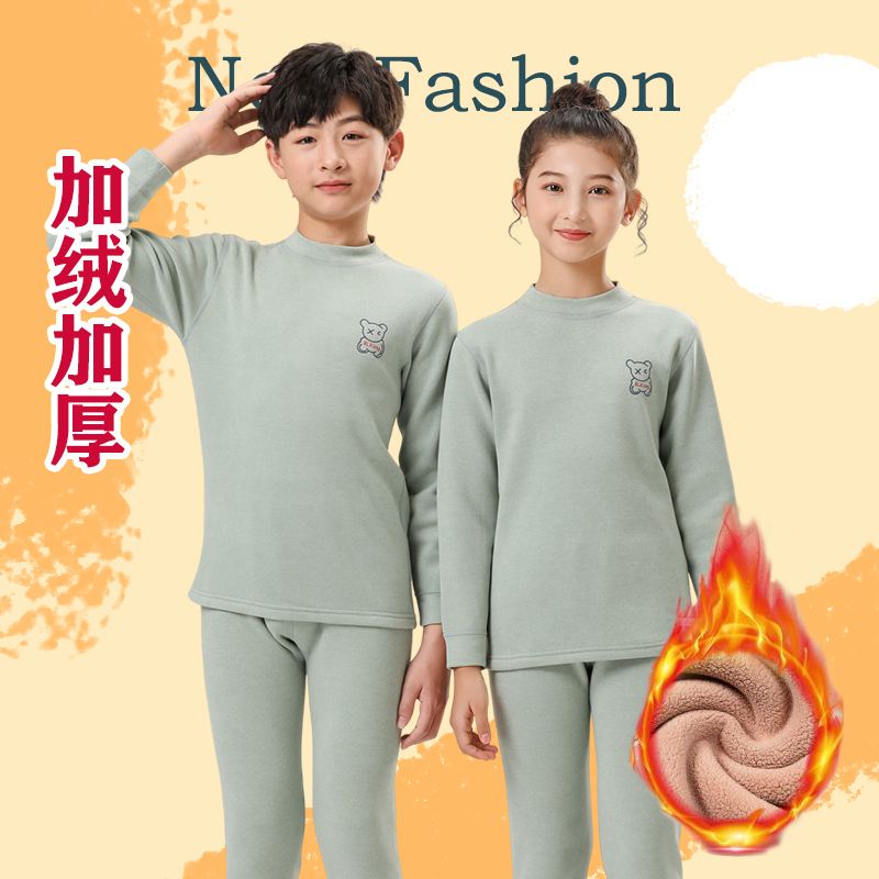 Category A plus velvet and thickened children's thermal underwear for 12 to 15 years old, medium and large children's thermal suit, inner wear pajamas