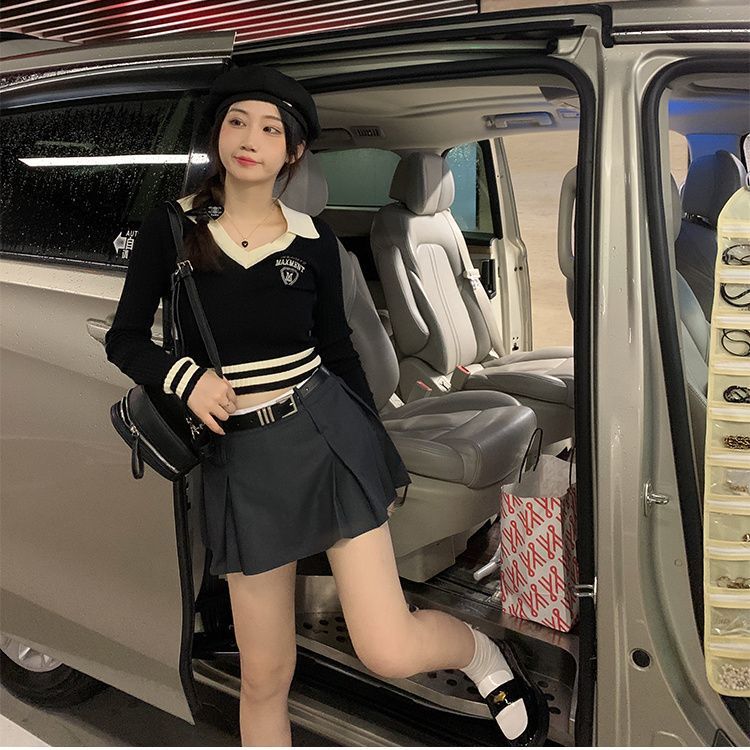 韓版翻領長袖針織打底衫女秋季2023新款外搭拼接修身顯瘦短款上衣