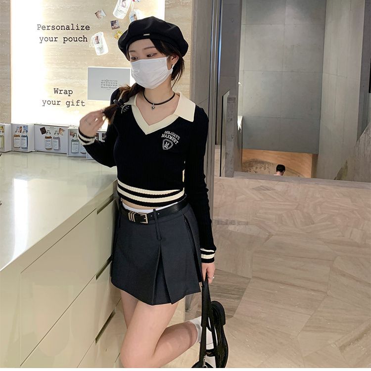 早秋純欲辣妹爆款短款針織打底衫女內搭設計感獨特别致長袖上衣
