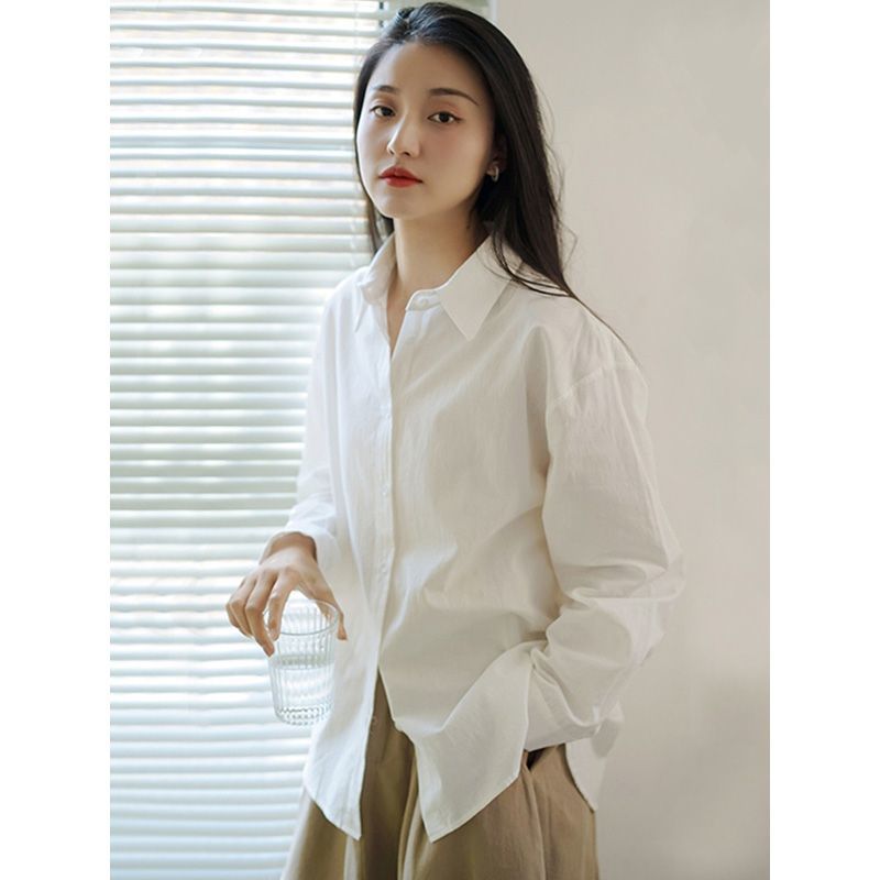 法式白色襯衫上衣女設計感秋季長袖通勤氣質寬鬆慵懶百搭翻領襯衣