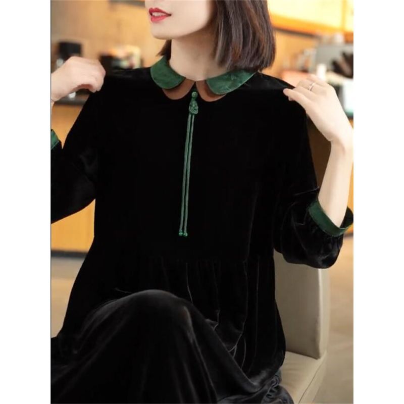 2023 new autumn long-sleeved velvet wide lady dress women's fashionable mid-length temperament bottoming skirt