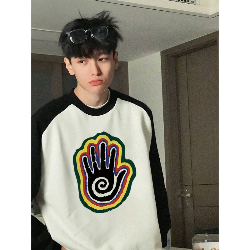 秋季街頭美式hiphop撞色插肩純棉內搭長袖T恤男潮牌寬鬆打底上衣