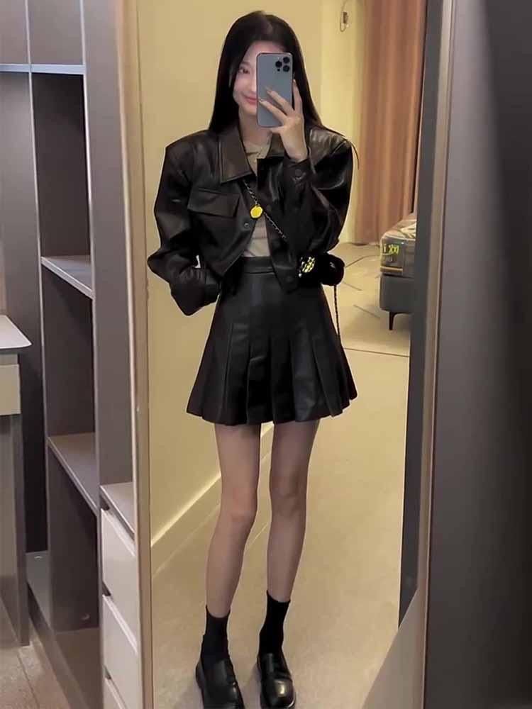 時尚皮衣套裝高級感減齡辣妹黑色皮衣外套半身裙二件套百褶裙套裝