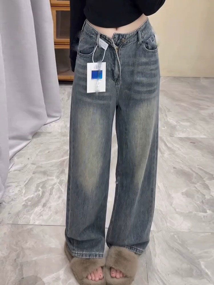 美式復古藍色牛仔褲女2023秋季寬鬆顯瘦垂感直筒闊腿褲拖地長褲子