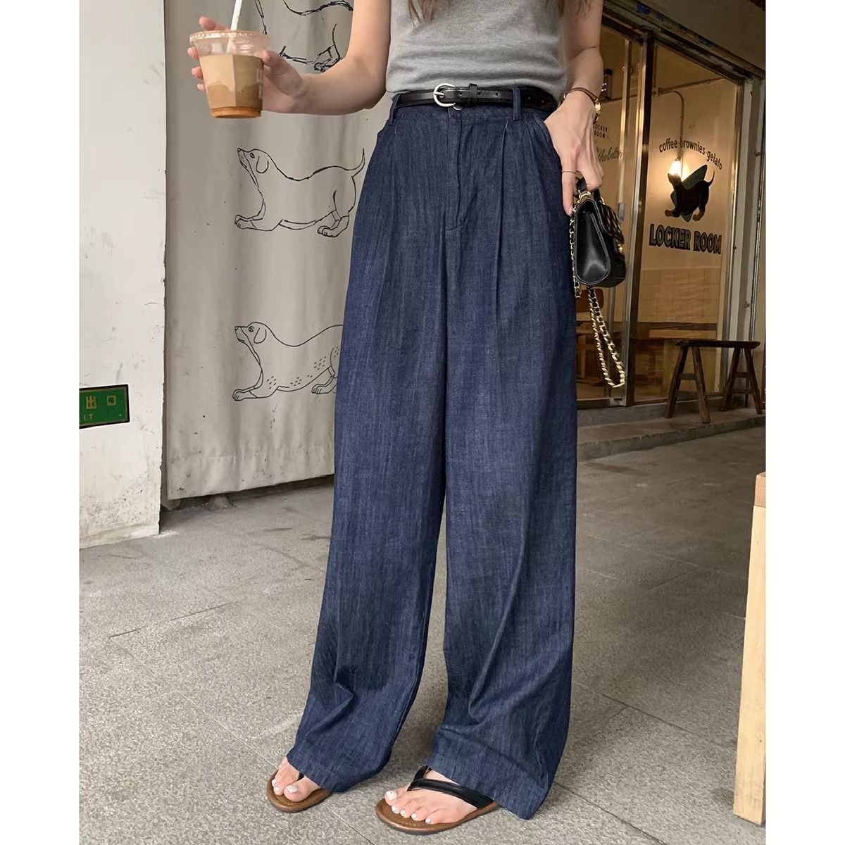 大碼薄款闊腿牛仔褲女2023年秋季新款設計感高腰寬鬆顯瘦拖地長褲
