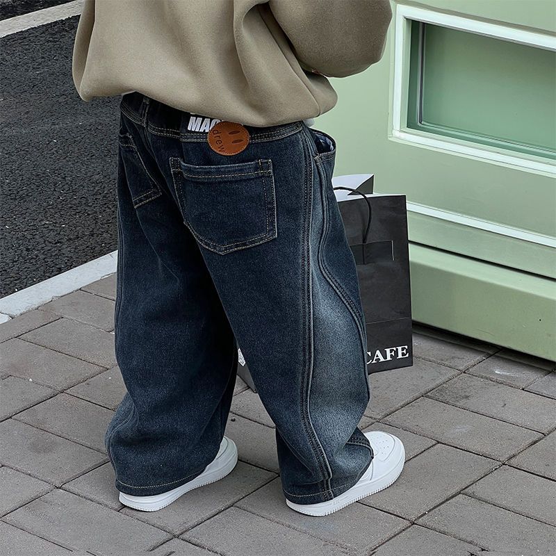 男童加絨加厚牛仔褲寶寶冬款直筒童褲2023冬裝新款兒童一體絨褲子