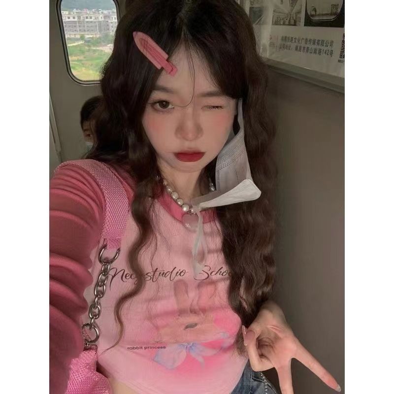 辣妹印花插肩長袖t恤女秋季純欲風韓版ins外穿內搭打底衫短款上衣