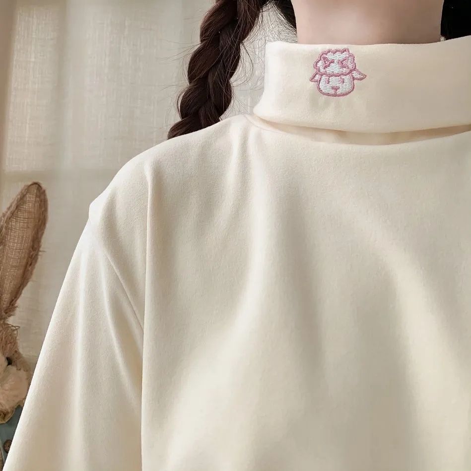 打底衫高領德絨內搭小羊刺繡秋冬加絨加厚保暖寬鬆長袖女學生上衣