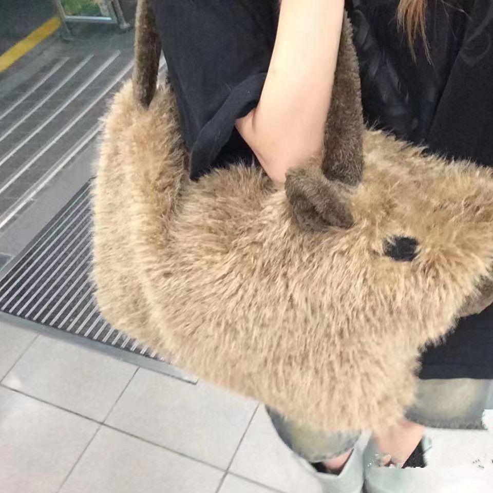 2023新款卡皮巴拉包包單肩包毛毛包冬季大容量女包毛絨包托特包