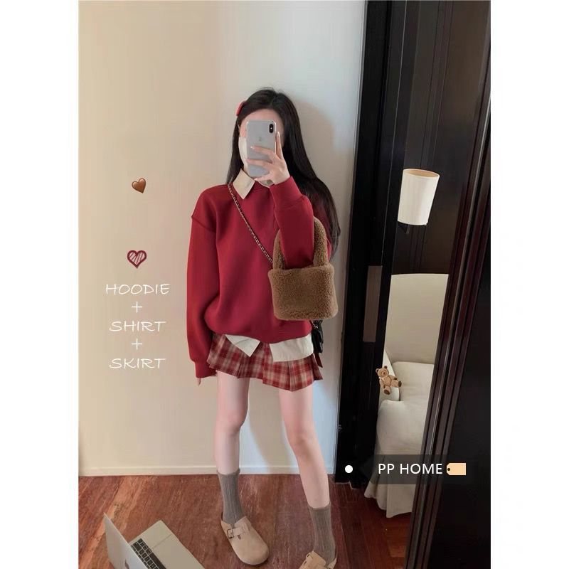 PPHOME~甜美風套裝女Polo領襯衫長袖圓領衛衣美拉德格子百褶裙