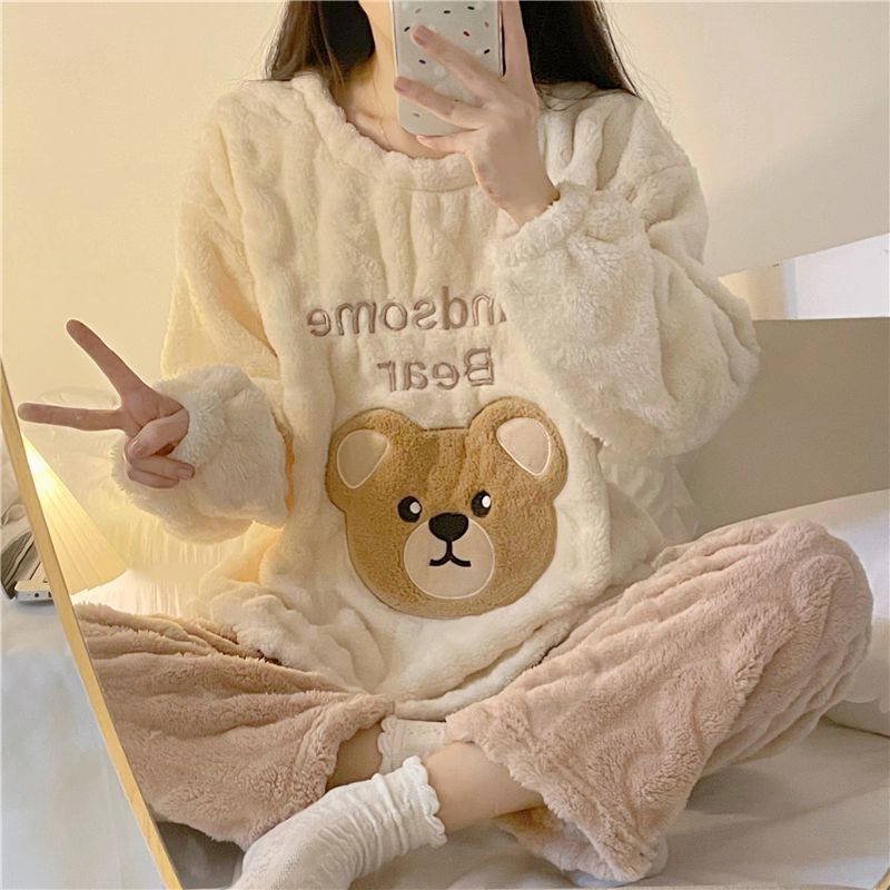 加厚珊瑚絨睡衣女款秋冬季長袖學生ins宿舍可外穿家居服套裝冬天