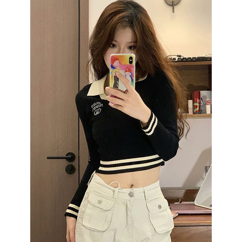 美式POLO領毛衣針織衫女秋冬高級感內搭打底修身純欲甜辣短款上衣