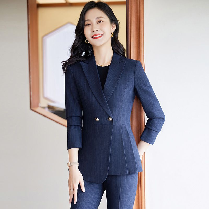 藍色條紋西裝套裝女秋冬新款職業裝工裝氣質高級感西服正裝工作服