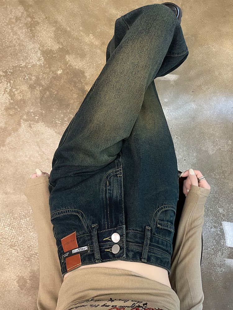 水泥灰高腰闊腿牛仔褲女春秋季大碼胖mm顯瘦寬鬆美式直筒拖地褲子