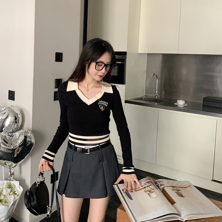 美式學院風爆款短款套頭內搭打底上衣小眾polo領緊身針織衫女