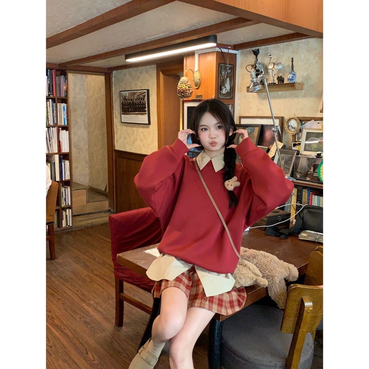 Cleanfit紅色長袖衛衣女秋季2023新款韓系寬鬆慵懶氛圍感外搭上衣