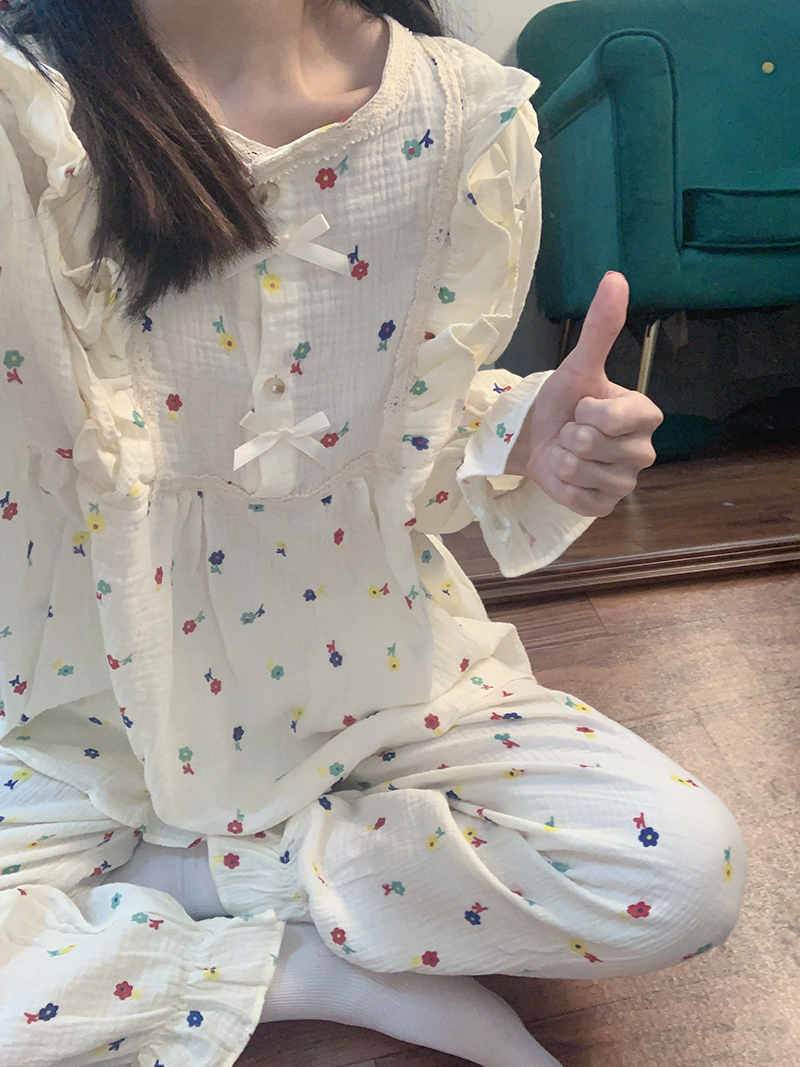 韓系ins甜美三色花睡衣女春秋季新款長袖長褲學生宿舍居家服套裝