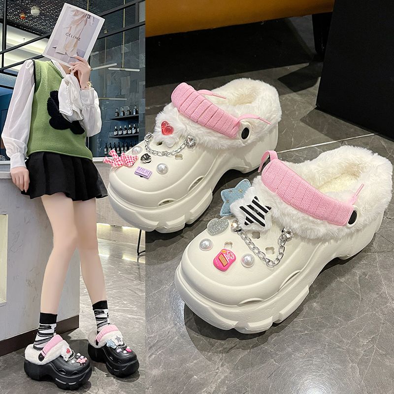 Cute Baotou furry slippers for women's outer wear plus velvet to keep warm and anti-slip thick soles to increase height in autumn and winter new hole-in-the-wall cotton shoes