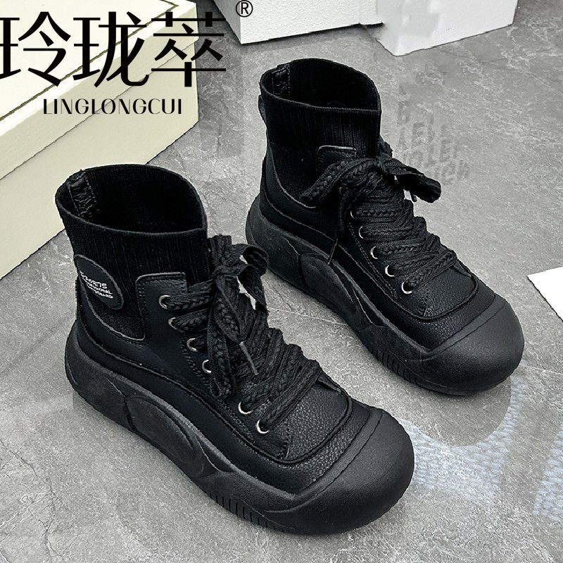 2023 Autumn New High Top Genuine Leather Stretch Sock Boots for Women Retro British Style Versatile Slim Casual Short Boots