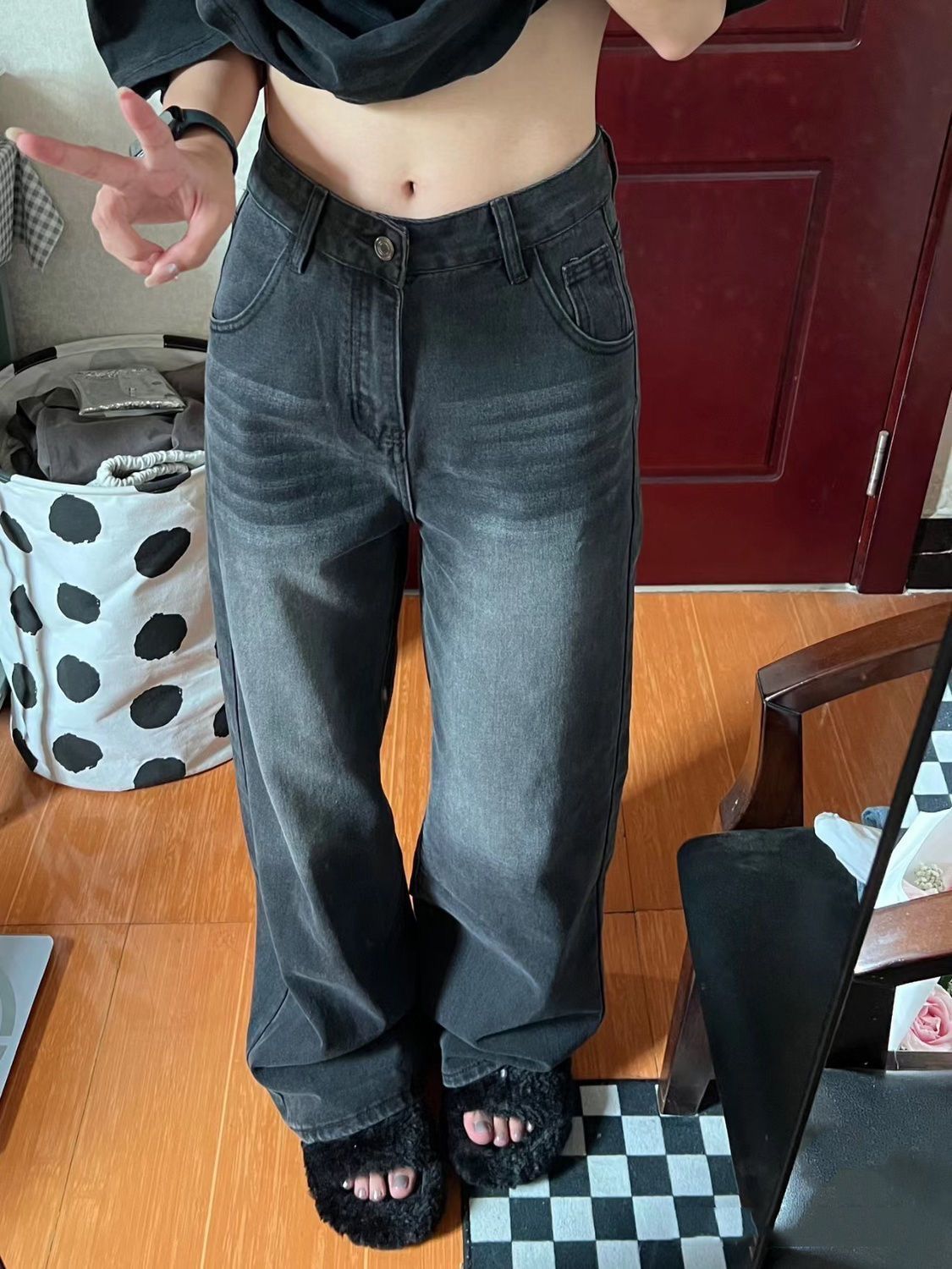 美式復古黑灰色寬鬆闊腿牛仔褲2023年秋季新款顯瘦直筒垂感拖地褲