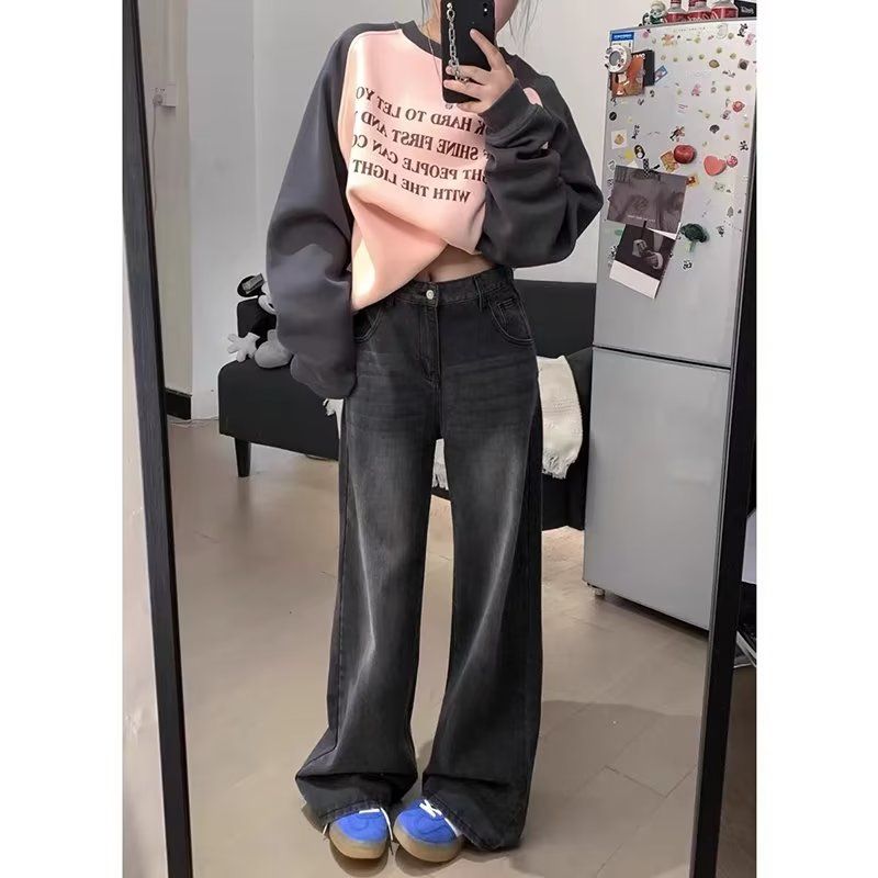 大碼港味復古黑灰色闊腿牛仔褲女秋季高腰顯瘦直筒褲寬鬆拖地褲子