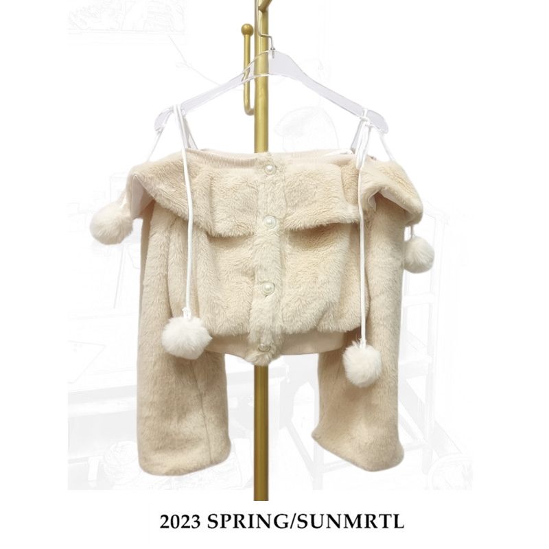 Shao Yeyan Plush Elf Apricot One Shoulder Top Women's Autumn and Winter Design Long Sleeve Ruffled Sweatshirt Jacket