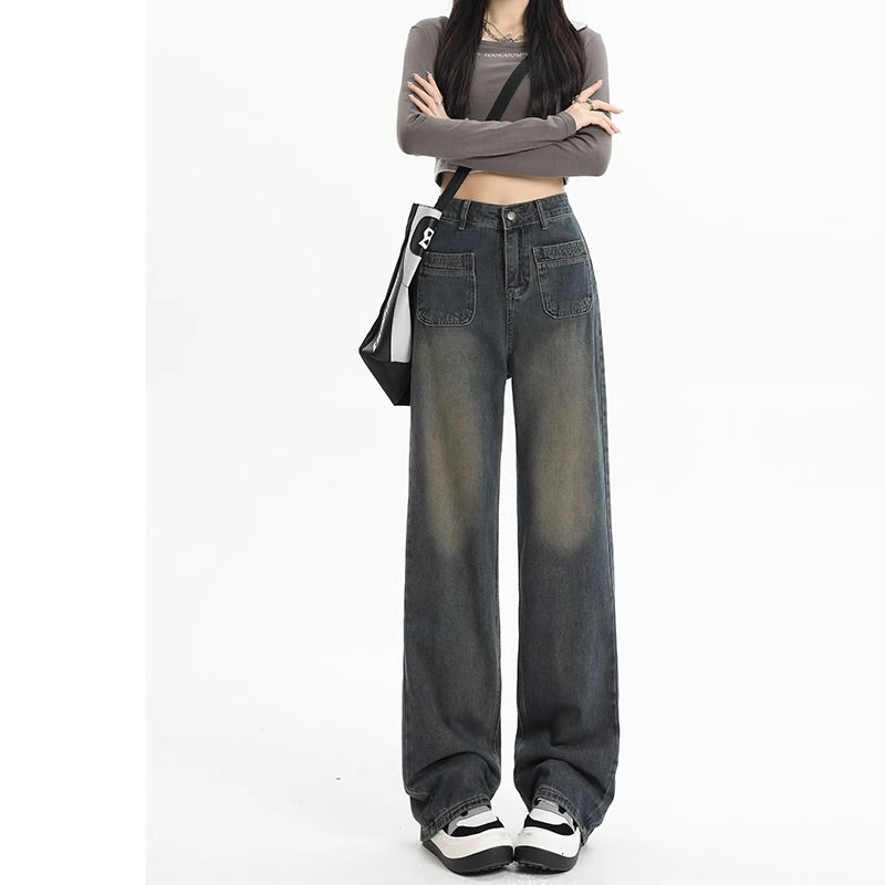 復古窄版闊腿牛仔褲女2023年秋季新款高腰顯瘦寬鬆小個子直筒長褲
