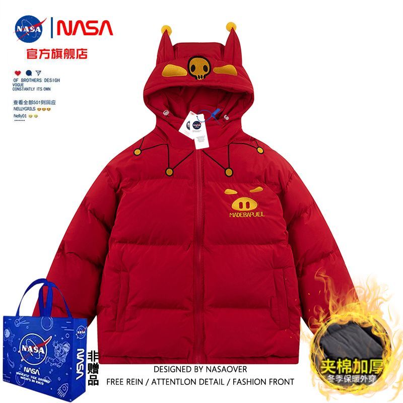 NASA官方聯名國潮小眾豬豬俠卡通加厚棉服女oversize寬鬆情侶衣服