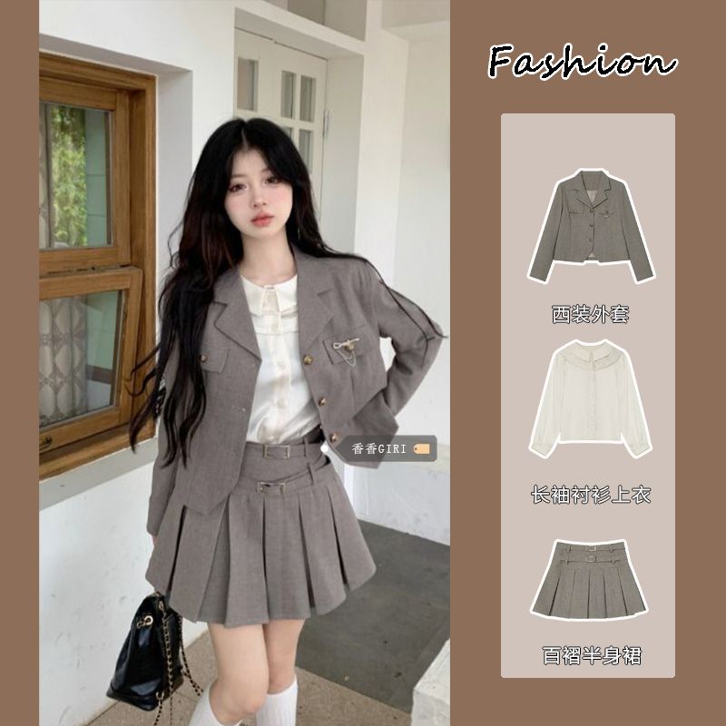 Sweet and Spicy Style Suit Long Sleeve Outer Suit Women's Autumn Slim Round Neck Shirt Top Hot Girl High Waist Pleated Skirt