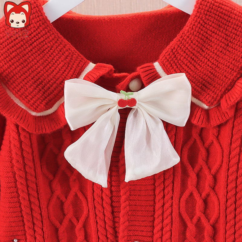 阿狸红色女宝宝毛衣开衫秋冬款小女孩翻领上衣儿童公主装女童毛衣